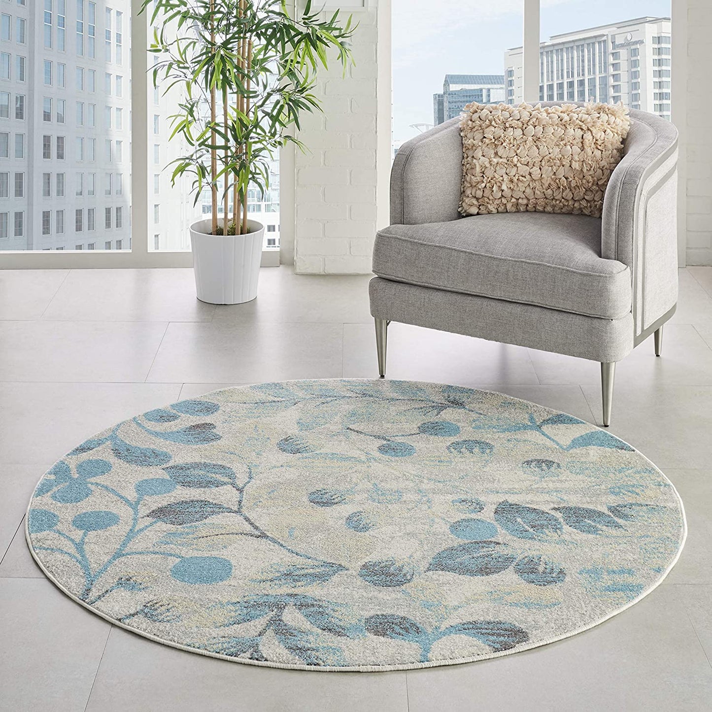 Tranquil Contemporary Botanical Ivory/Turquoise Soft Area Rug