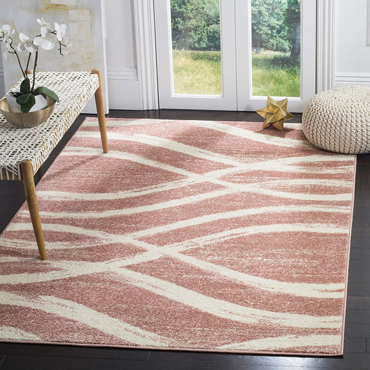 Modern Wave Distressed Soft Area Rug, Rose / Cream