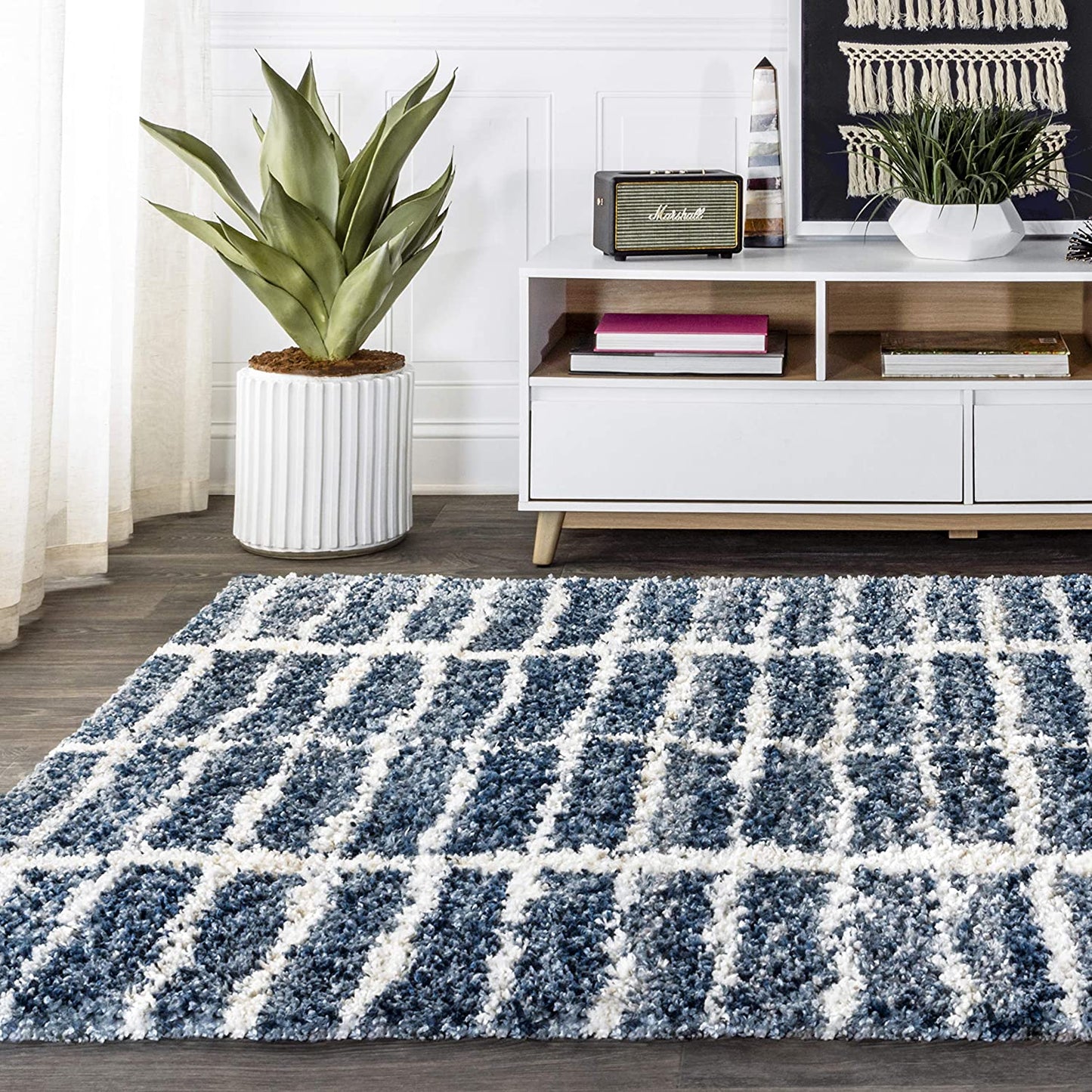 Merida Stacked Grid Shag Grey/Ivory Soft Area Rug