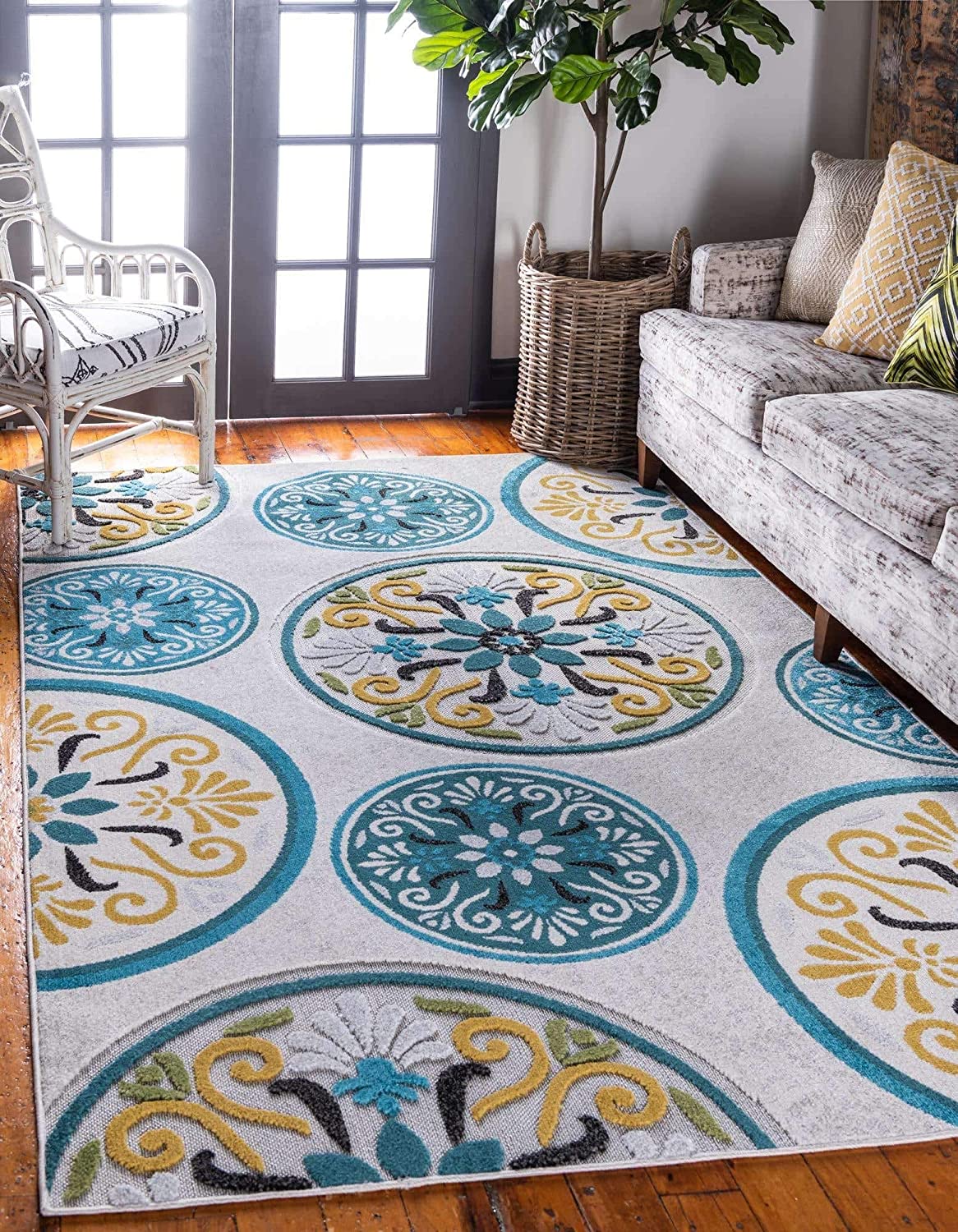 Carved Floral Transitional Indoor/ Outdoor Flat Weave Ivory/Teal Area rug