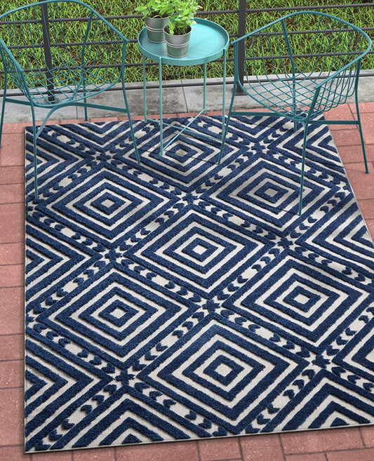 Geometric Blue Gray High Traffic Stain Resistant Indoor Outdoor Area Rug