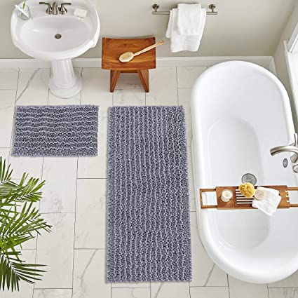 Grey Bathroom Rug Set by Zebrux, Non Slip Thick Shaggy Modern