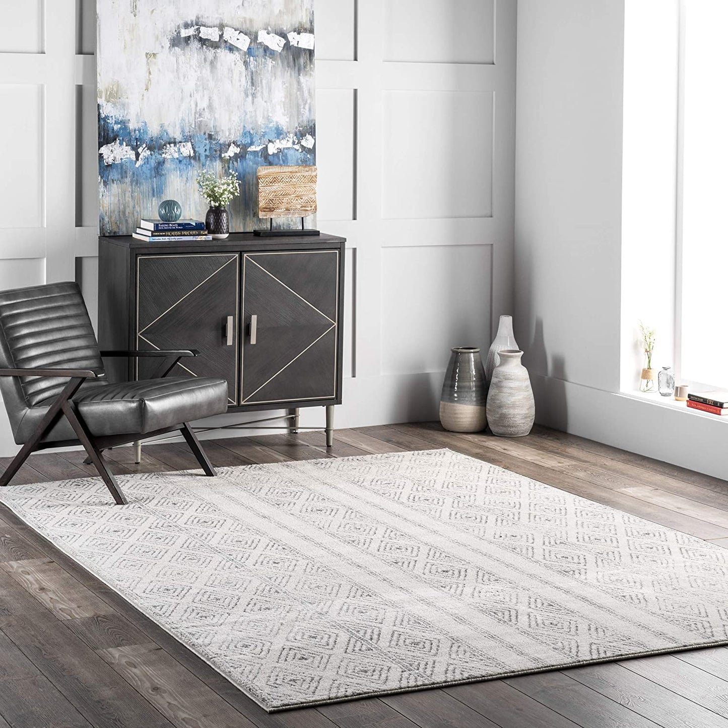 Diamond Pattern Ivory Grey Soft Area Rug