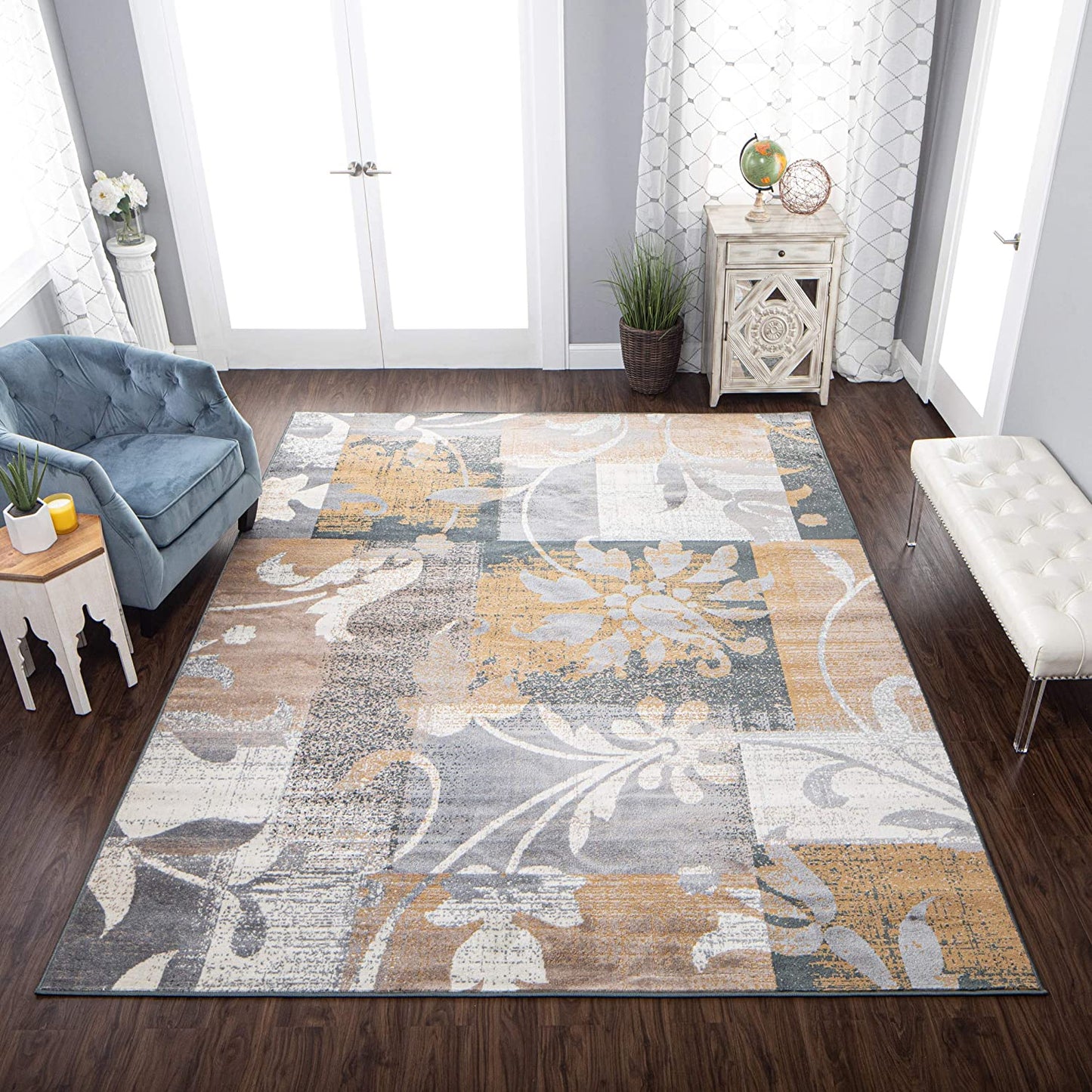 Geometric Patchwork Distressed Ivory Grey Camel Soft Area Rug - Multiple Sizes Available