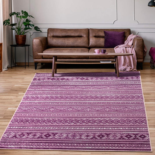 Moroccan Geometric Low Profile Pile Indoor Area Rugs Purple