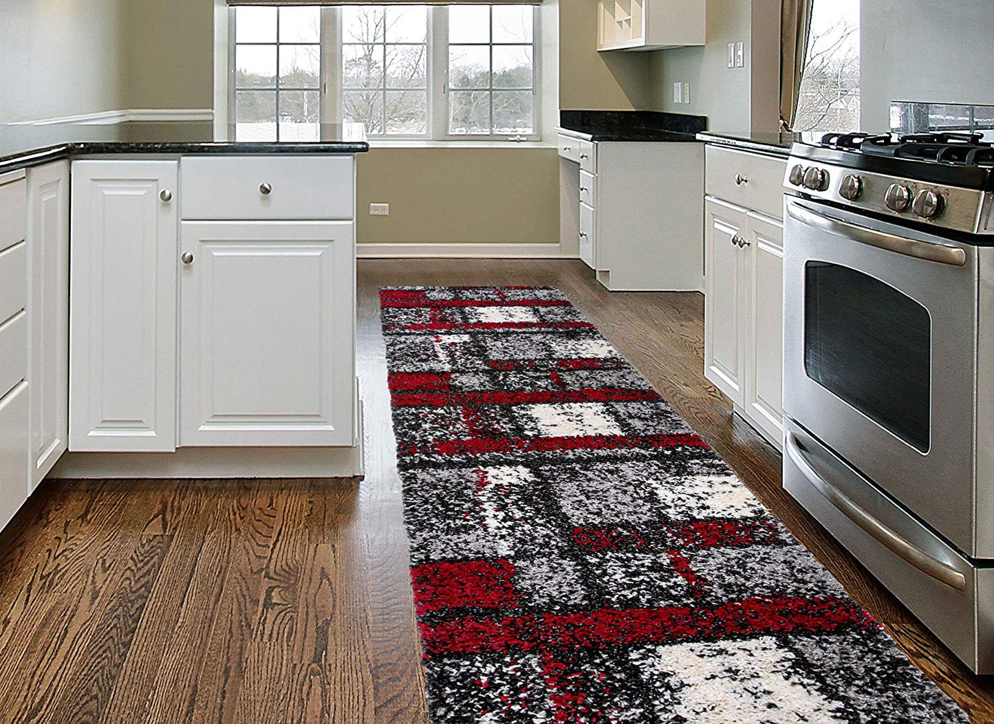 Geometric Pattern Red Gray Cozy Shag Area Rugs