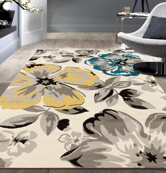 Floral Gray/Grey Yellow Blue Area Rug