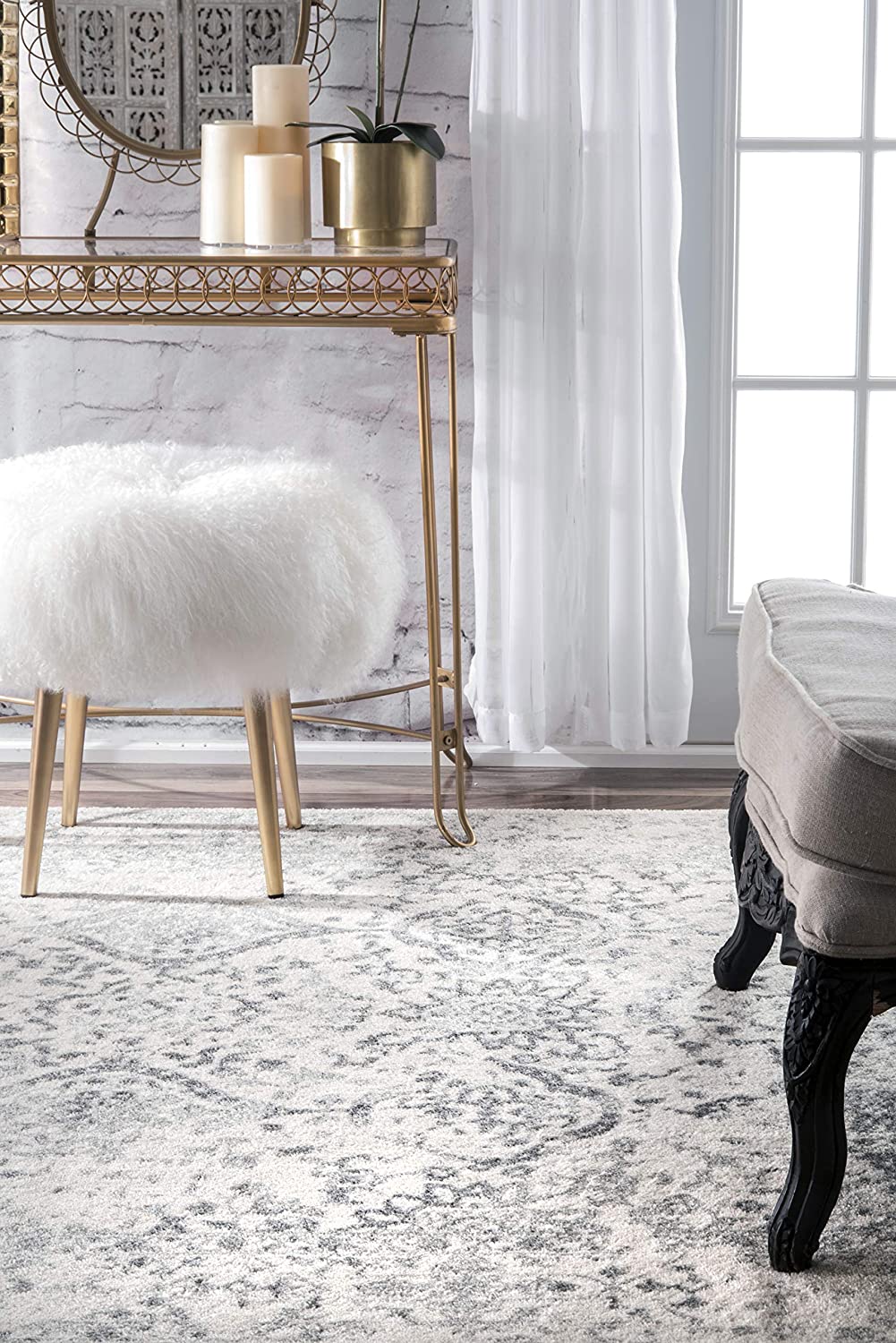 Faded Vintage Floral Damask Distressed Ivory Soft Area Rug – Joanna ...