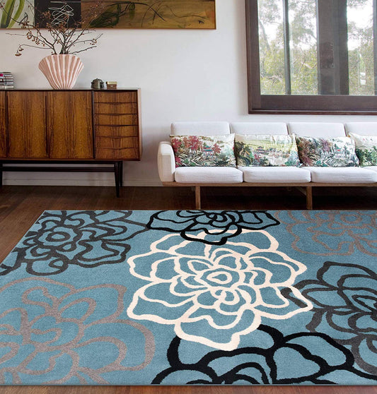 Floral Grey Blue Area Rug