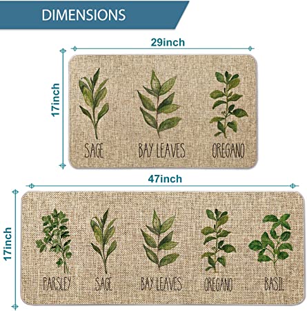 Artoid Mode Parsley Sage Oregano Basil Bay Leaves Decorative Kitchen Mats Set of 2, Seasonal Holiday Party Low-Profile Floor Mat for Home Kitchen - 17x29 and 17x47 Inch