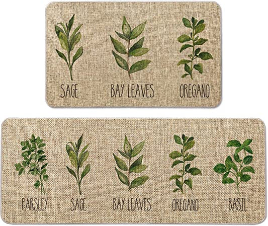 Artoid Mode Parsley Sage Oregano Basil Bay Leaves Decorative Kitchen Mats Set of 2, Seasonal Holiday Party Low-Profile Floor Mat for Home Kitchen - 17x29 and 17x47 Inch