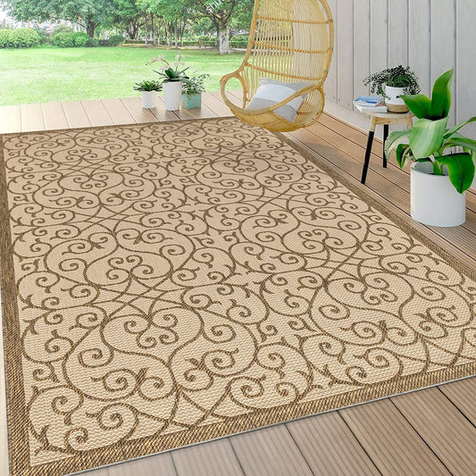 Madrid Vintage Filigree Textured Weave Indoor/Outdoor Beige/Brown Area Rug