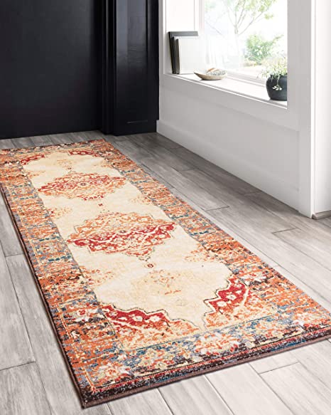 Loloi ll Isadora Collection Distressed Persian Area Rug, 2'-7" x 8'-0" Runner, Oatmeal/Multi