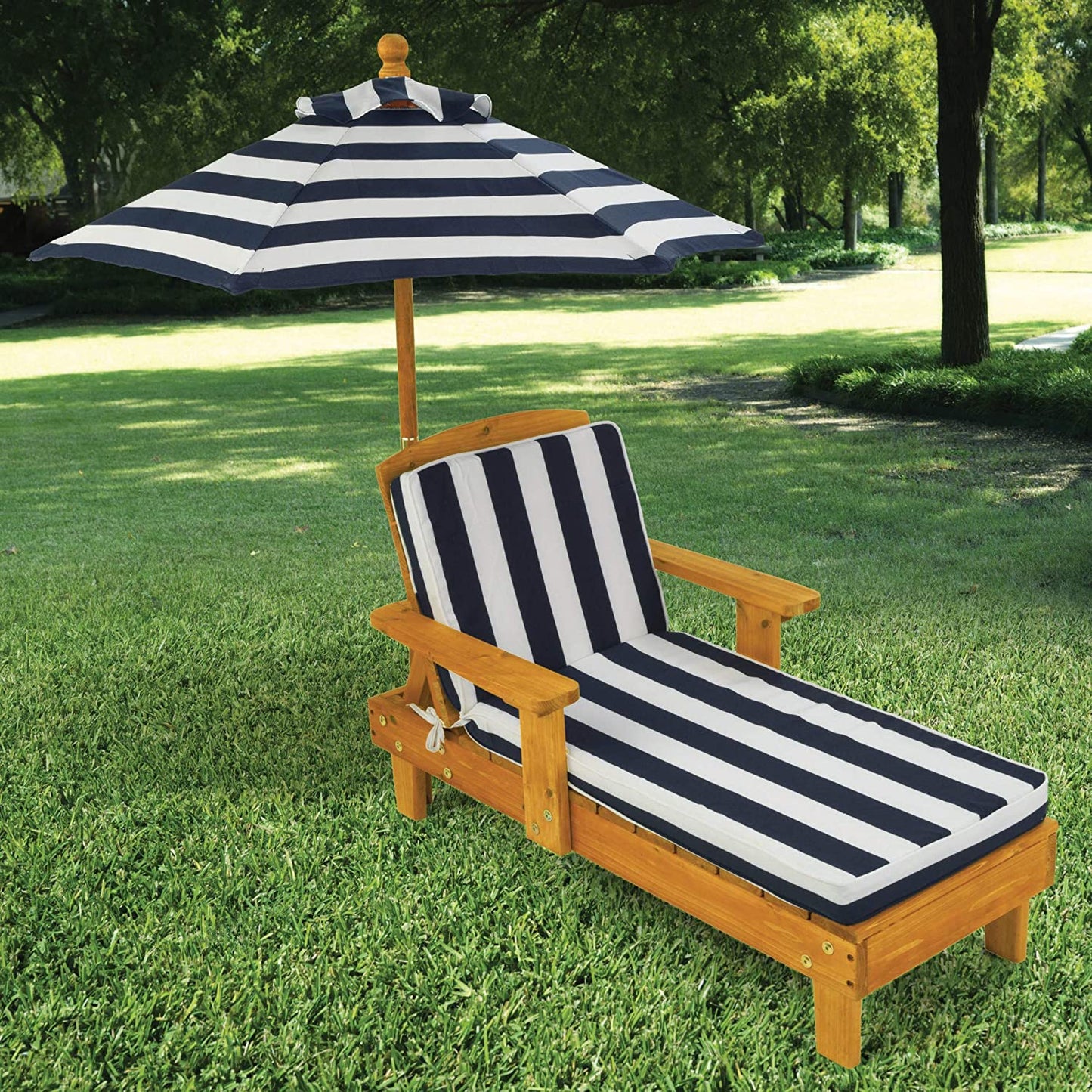 Outdoor Chaise Lounge Children's Backyard Furniture Chair with Umbrella and Cushion, Navy and White