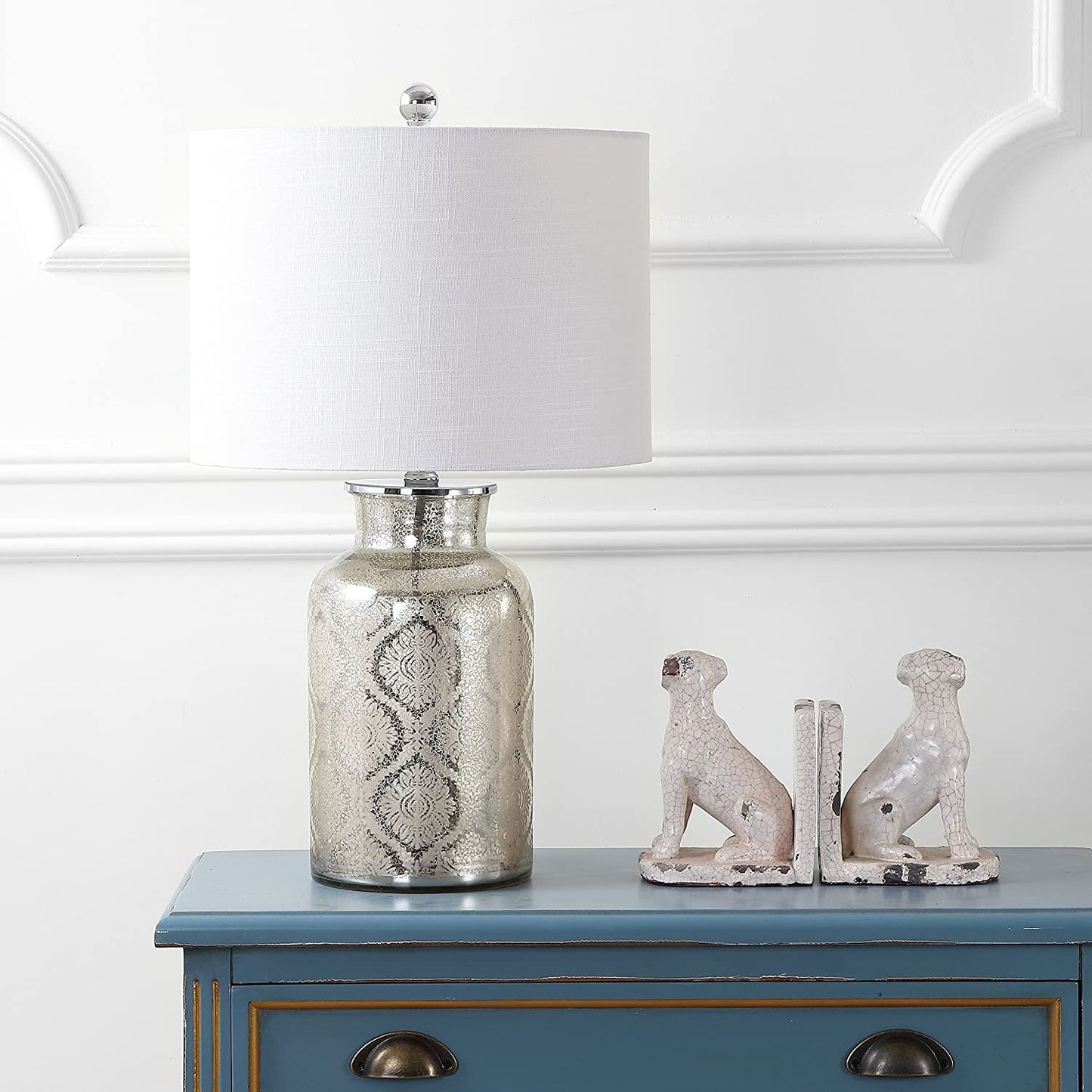 Emilia Trellis Pattern Glass LED Table Lamp Silver