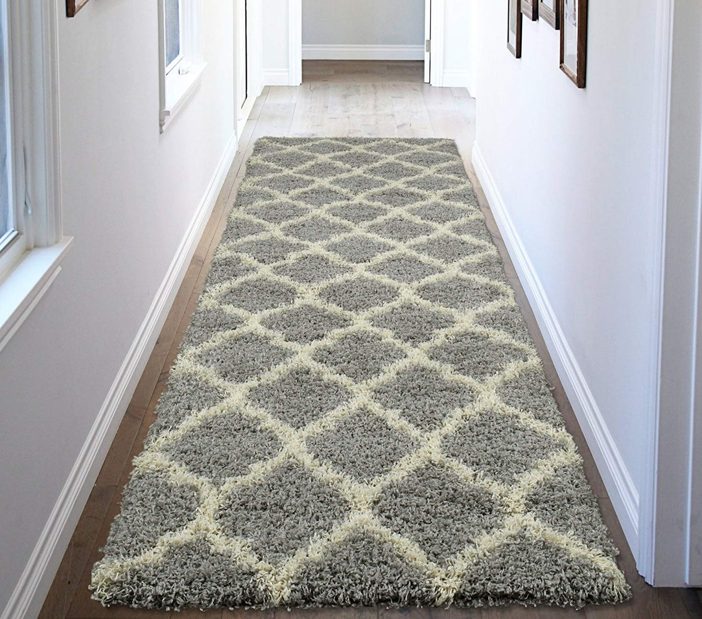 Gray Soft White Shag Trellis Area Rugs