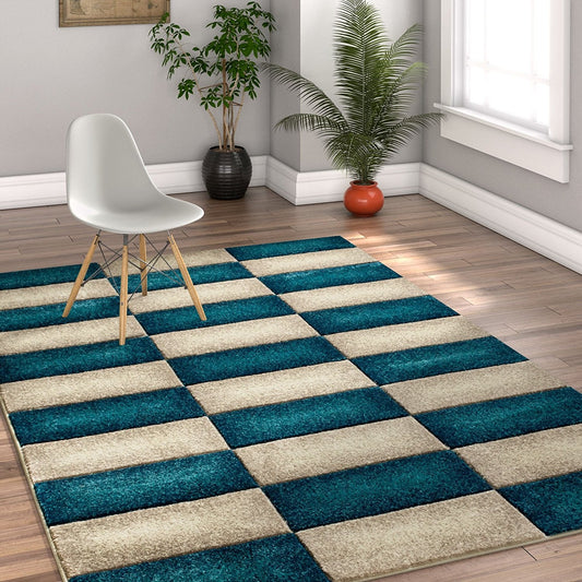 Modern Geometric Blue Beige Comfy Hand Carved Area Rugs
