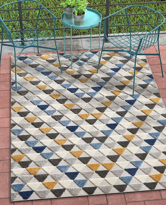 Geometric Triangles Blue Yellow High Traffic Stain Resistant Indoor Outdoor Area Rug