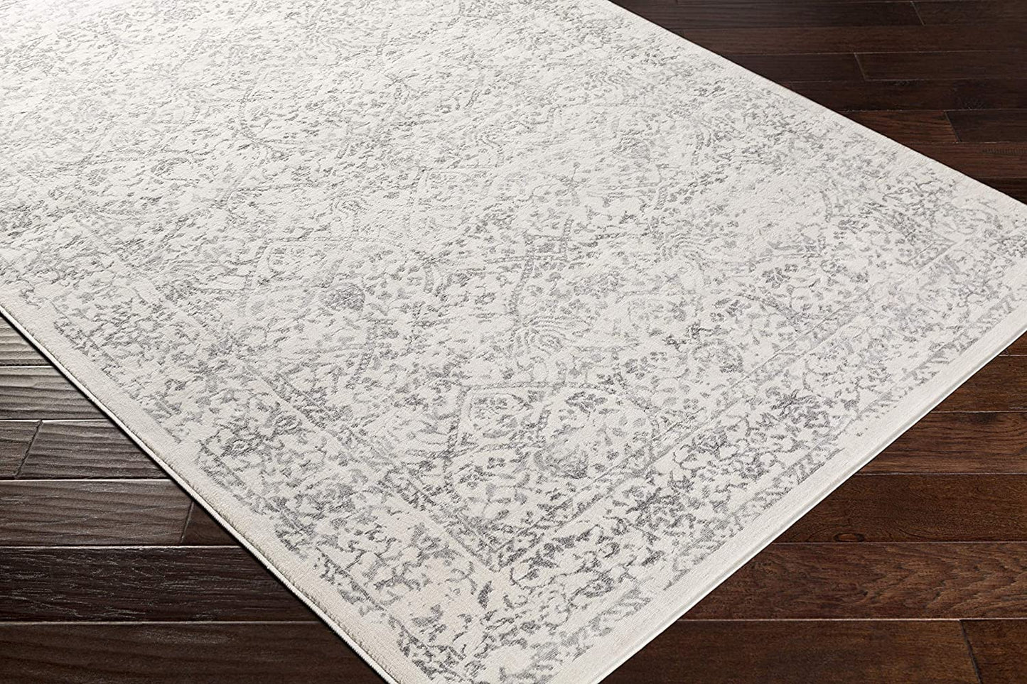 Preston Damask Floral Soft Area Rug, Ivory Grey