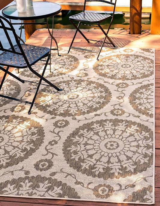 Indoor/Outdoor Botanical Collection Floral Abstract Transitional Flatweave Beige /Brown Area Rug