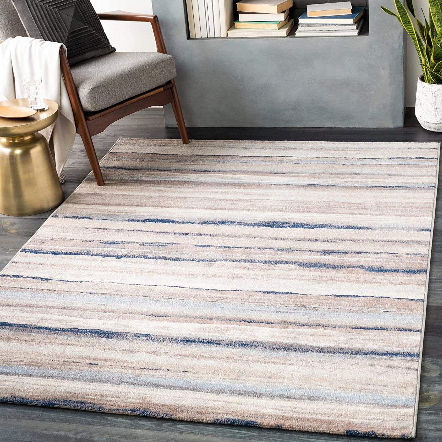 Robin Modern Striped Soft Area Rug, Navy/Taupe