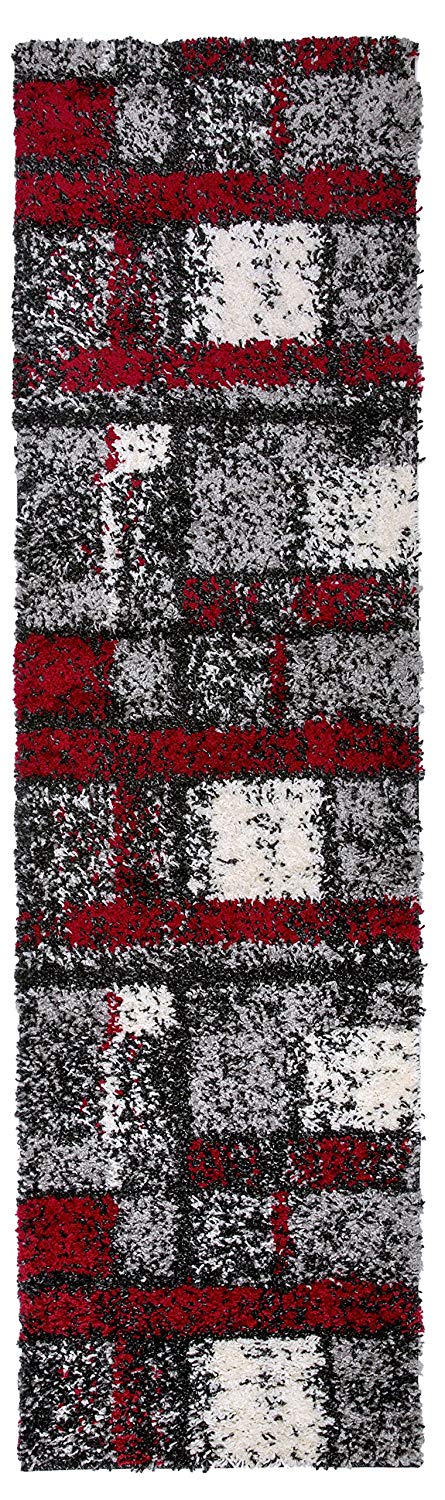 Geometric Pattern Red Gray Cozy Shag Area Rugs