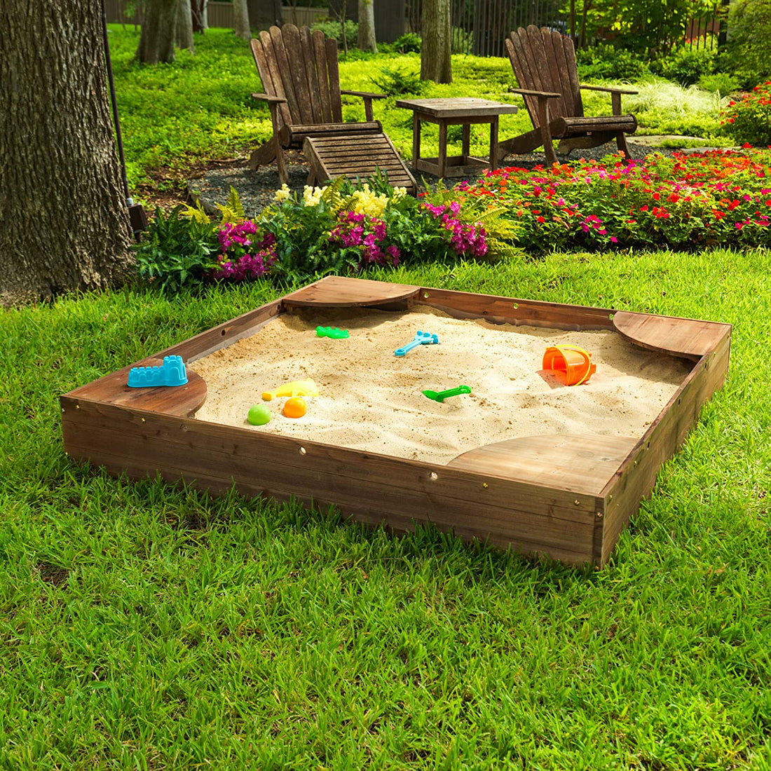 Wooden Backyard Sandbox with Built-in Corner Seating and Mesh Cover ...