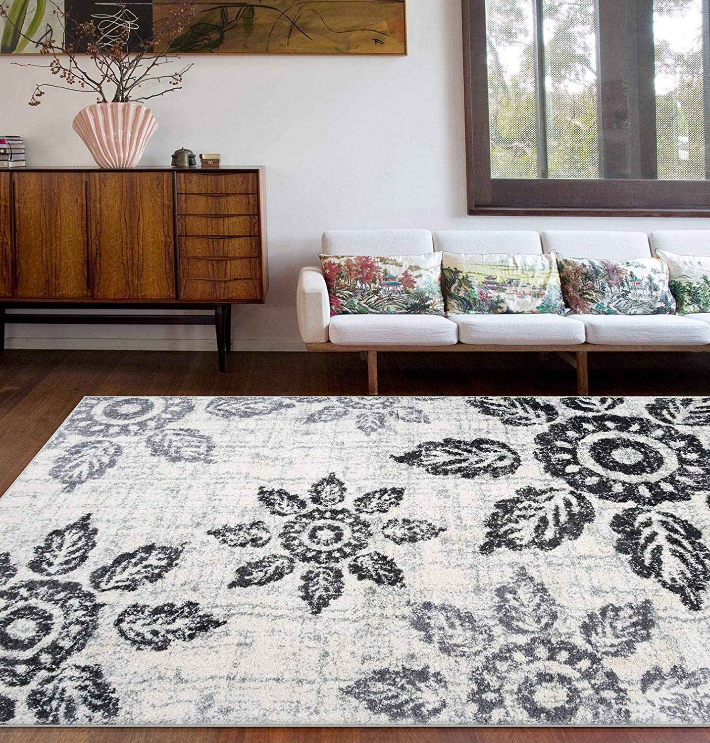 Distressed Floral Soft Ivory Gray Shag Area Rug