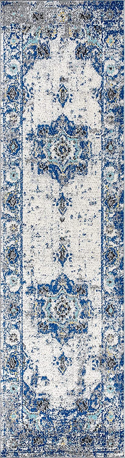 Modern Persian Boho Vintage Medallion Cream/Blue Soft Area Rug