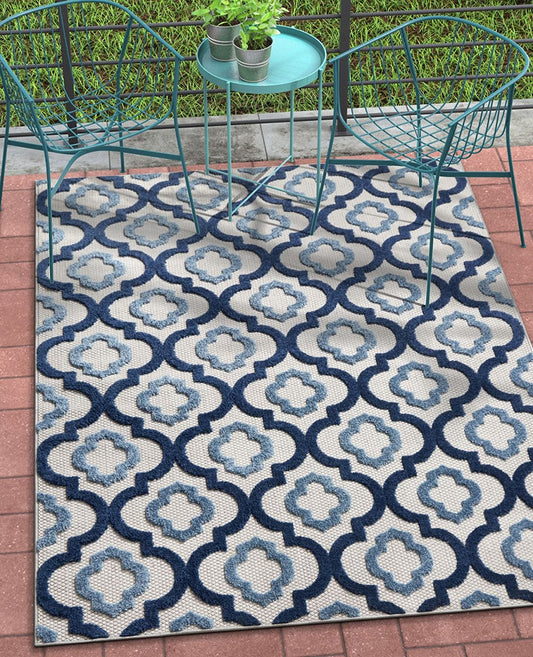 Trellis Blue Gray High Traffic Stain Resistant Indoor Outdoor Area Rug