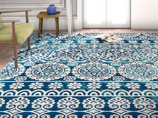 Modern Floral Ivory Blue Short Pile Area Rug