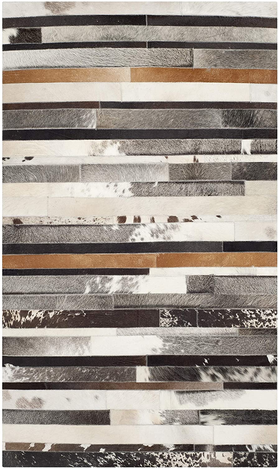 Leather Collection STL215A Handmade Modern Leather Area Rug Ivory / Brown
