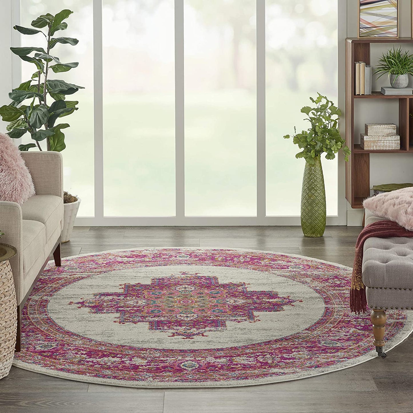 Pink and White Vintage Area Rug, IVORY/FUSHIA