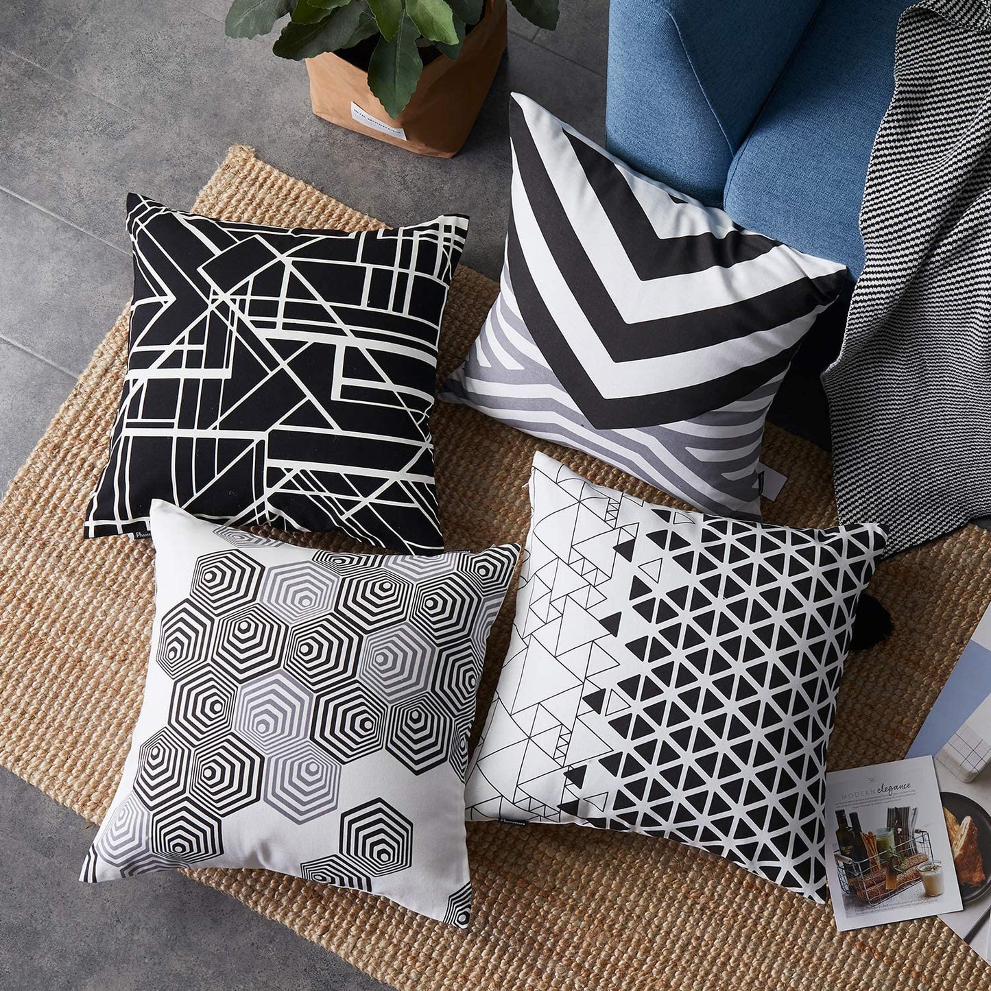 Set of 4 Black Geometric 100% Cotton Throw Pillow Case Cushion Cover