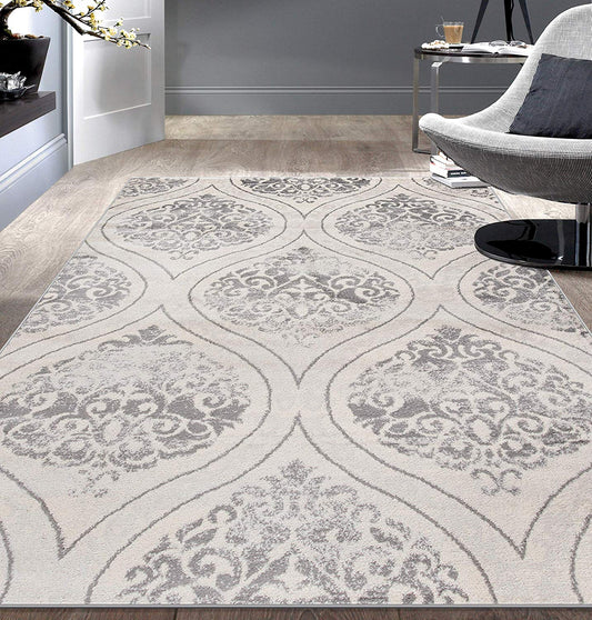 Floral Damask Cream Gray Area Rug