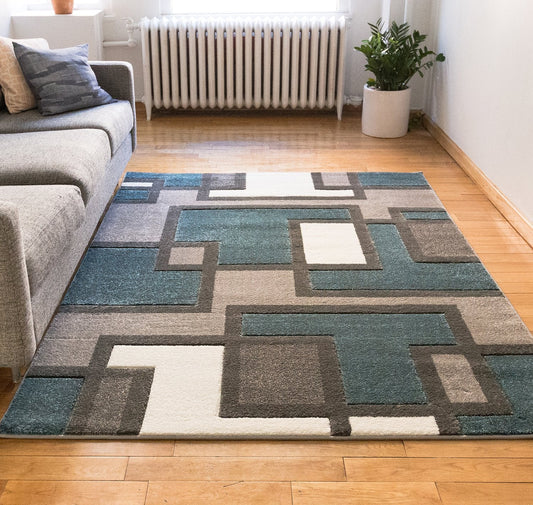 Modern Geometric Blue Gray Comfy Hand Carved Area Rugs