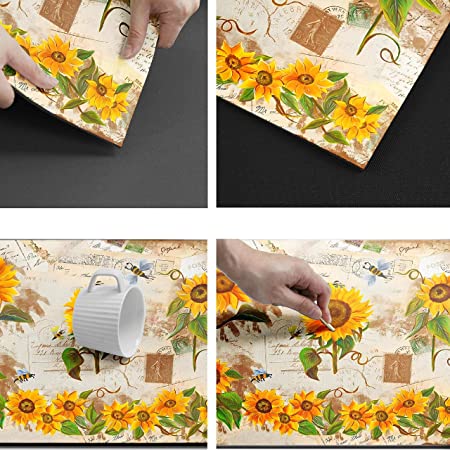 Sunflower Kitchen Rugs Anti-Fatigue Vintage Farmhouse Kitchen Floor Mat Padded PVC Leather Heavy Duty Waterproof Comfort Standing Runner Rugs 17.3x28+17.3x47 inch