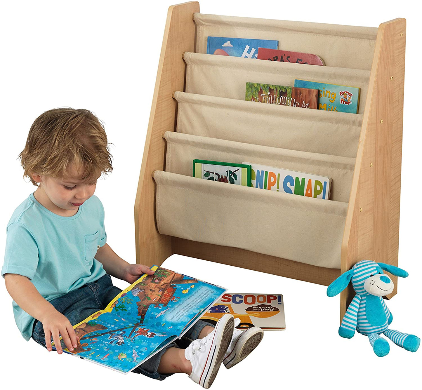 Wood and Canvas Sling Bookshelf Furniture for Kids – Natural