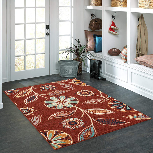 Maples Floral Non Skid Washable Merlot Multi Area Rug