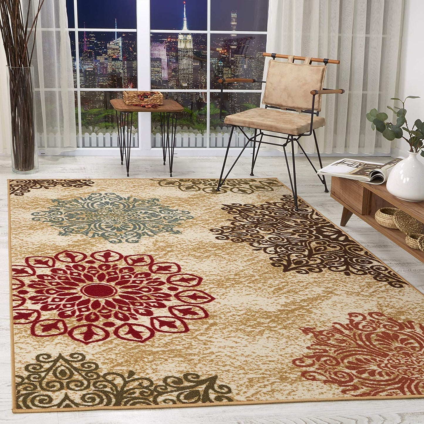 Modern Floral Non-Skid (Non-Slip) Low Profile Pile Rubber Backing Indoor Area Rugs Beige