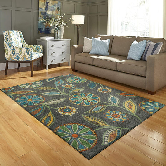 Maples Floral Non Skid Washable Grey Multi Area Rugs