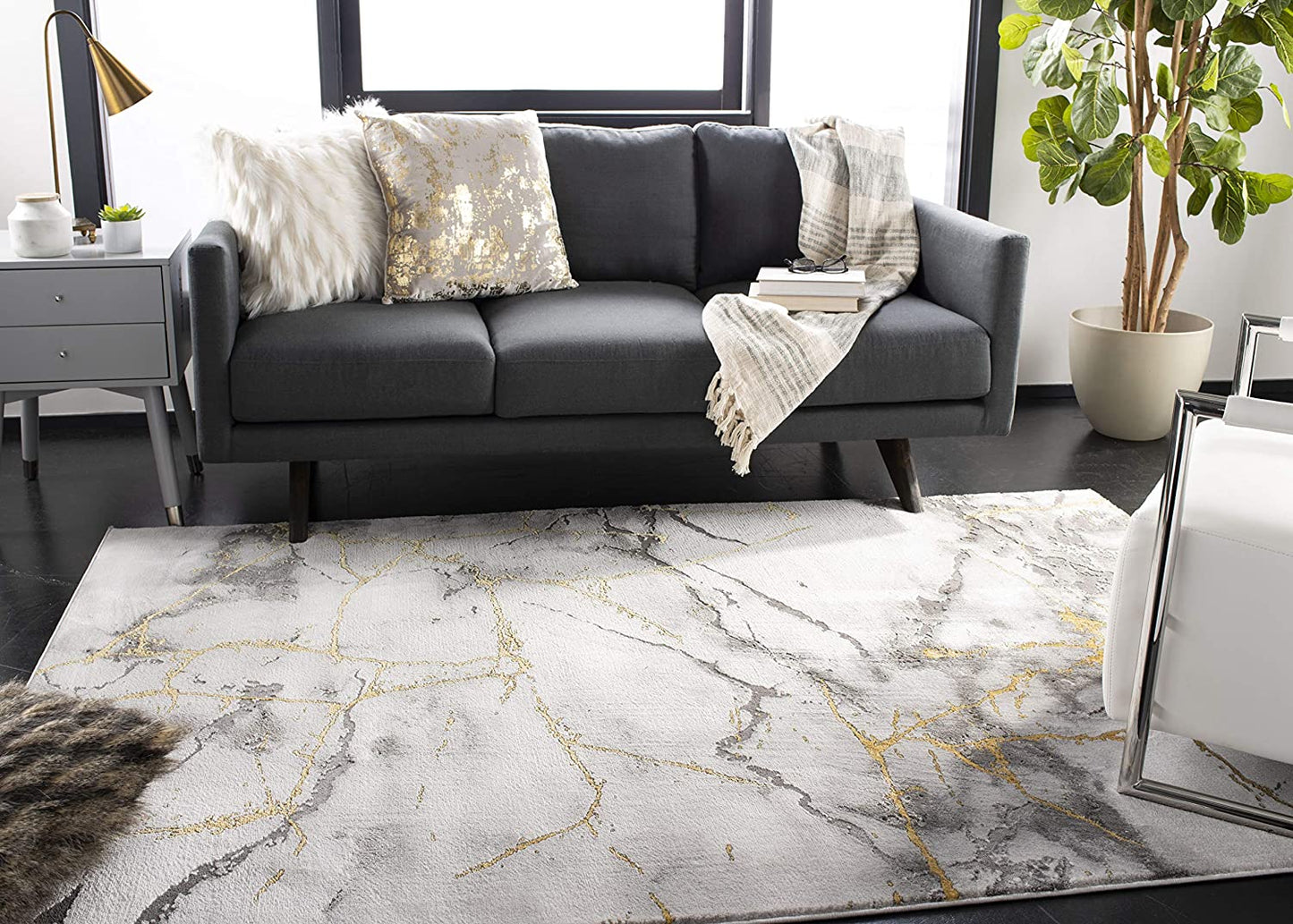 Modern Abstract Area Rug,  Grey/Gold