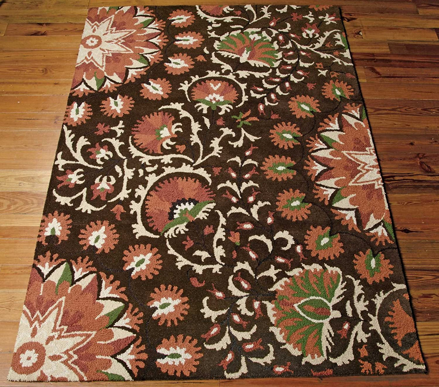 Suzani Floral Brown Wool Soft Area Rug