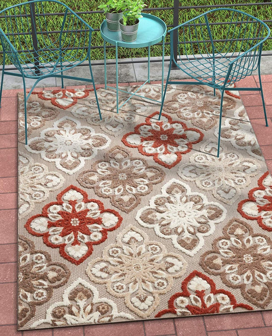 Floral Panel Red, Beige, Taupe, High Traffic Stain Resistant Indoor Outdoor Area Rug