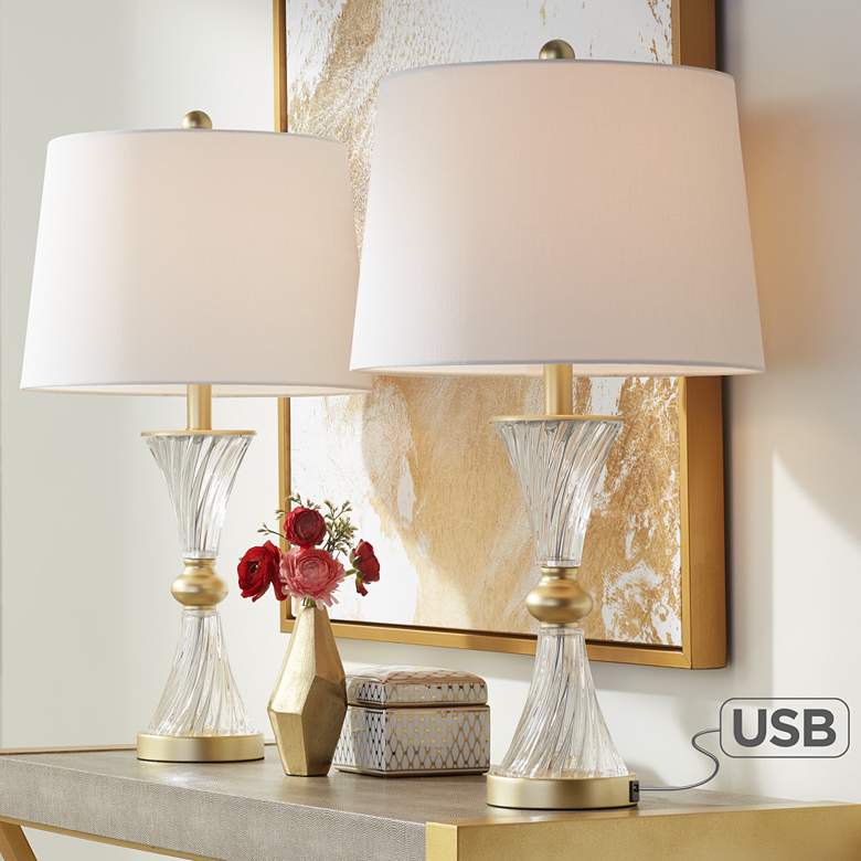 Lucas Gold and Twisting Glass USB Table Lamps Set of 2