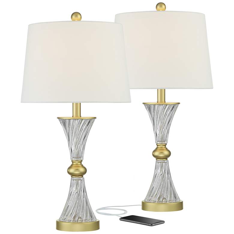 Lucas Gold and Twisting Glass USB Table Lamps Set of 2