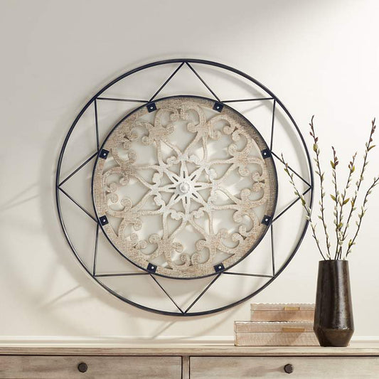 Mandala Black and Natural 33" Round Metal Wall Art