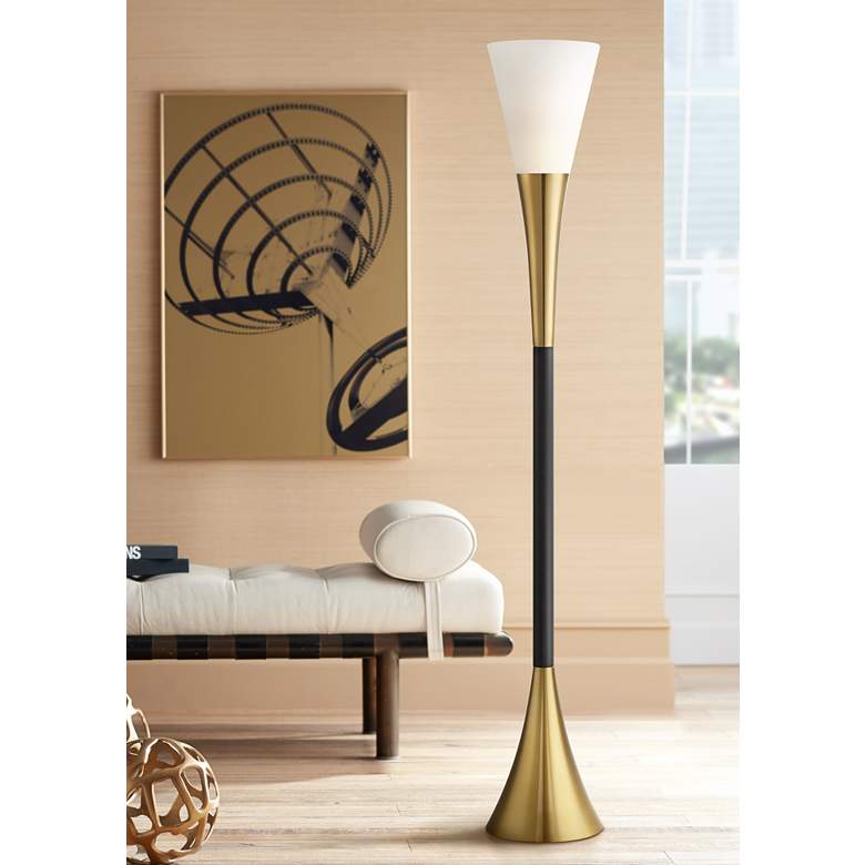 Possini Euro Piazza Antique Brass and Black Torchiere Floor Lamp