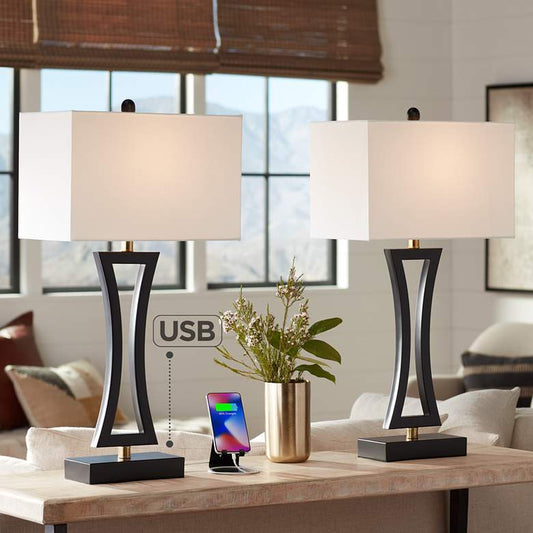 Black Metal Table Lamps Set of 2 with USB Port