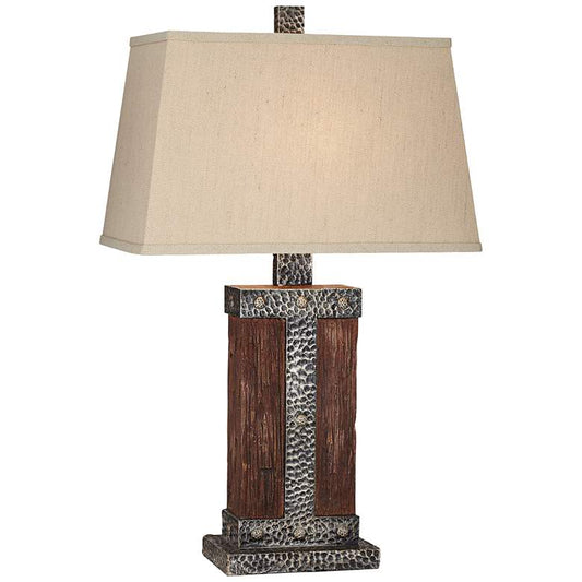 Rustic Lodge Faux Hammered Metal and Distressed Wood Table Lamp